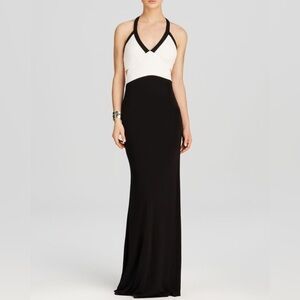 ABS Allen Schwartz ~ Black & White Jersey V Neck Cut-Out Formal Gown Maxi Dress